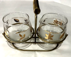 Libbey Glass W/ Gold Leaves Frosted  Pattern Creamer & Sugar with Caddy Set - Picture 1 of 14