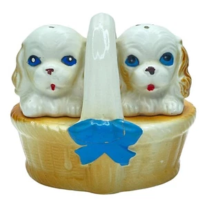 Vintage Salt Pepper Shakers Puppy Dogs Basket Japan Novelty S&P Basket Repaired - Picture 1 of 22