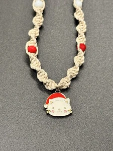 Holiday Kitty Pendant W/ Red And White Rondelle Crystal  Necklace 18” - Picture 1 of 2