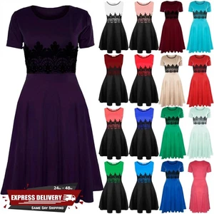 Womens Ladies Round Neck Short Sleeve Waist Lace Flared Franki Skater Midi Dress - Picture 1 of 48