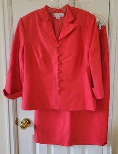 Miller Shor Skirt Suit 100% Silk Size 14 Coral 3/4 Sleeve Button And Loop - Picture 1 of 16