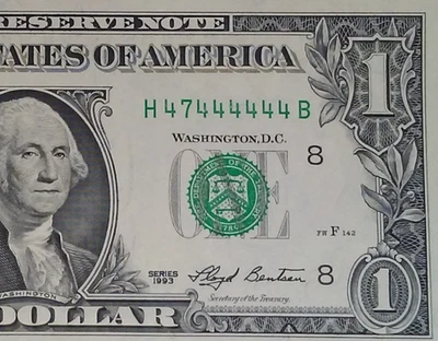 (( NEAR SOLID - 7 OF A KIND)) $1 1993 (CHOICE CU) (( 47444444 )) FANCY SERIAL # - Image 1 of 3