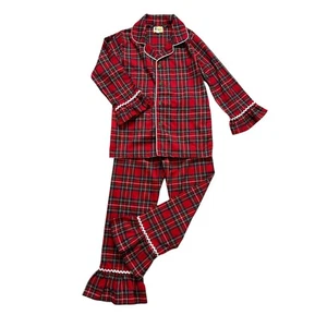 Busy Bees Girls 2 Piece Holiday Pajama Set Sz 10/12 Christmas Plaid w/ Ruffles - Picture 1 of 4