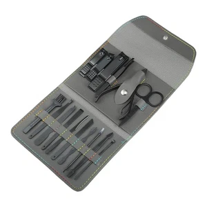 16pz Manicure Set con Grigio PU Pelle Custodia Personale Cura Strumento Kit Nero - Foto 1 di 7