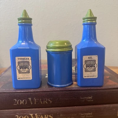 "Botellas de aceite y vinagre Gemco vintage - azul con tapa verde - 6"" de alto - Freeport, NY-EUC Foto 1 de 4
