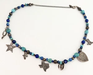 Vintage Carolyn Pollack Sterlingsilber Türkis Lapis Südwesten Charm Halskette - Bild 1 von 10