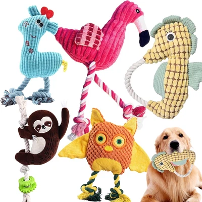 Paquete de 5 juguetes de peluche para perros con cuerda, juguetes para perros chirriantes, tira y afloja interactivos para perros Foto 1 de 4