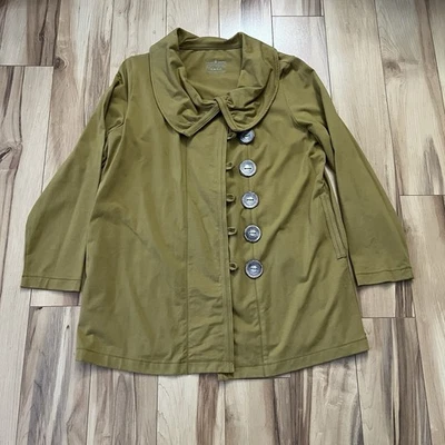 Neon Buddha Jacket L Olive Color Art To Wear Button Front Cotton Blend Stretch - Image 1 of 4