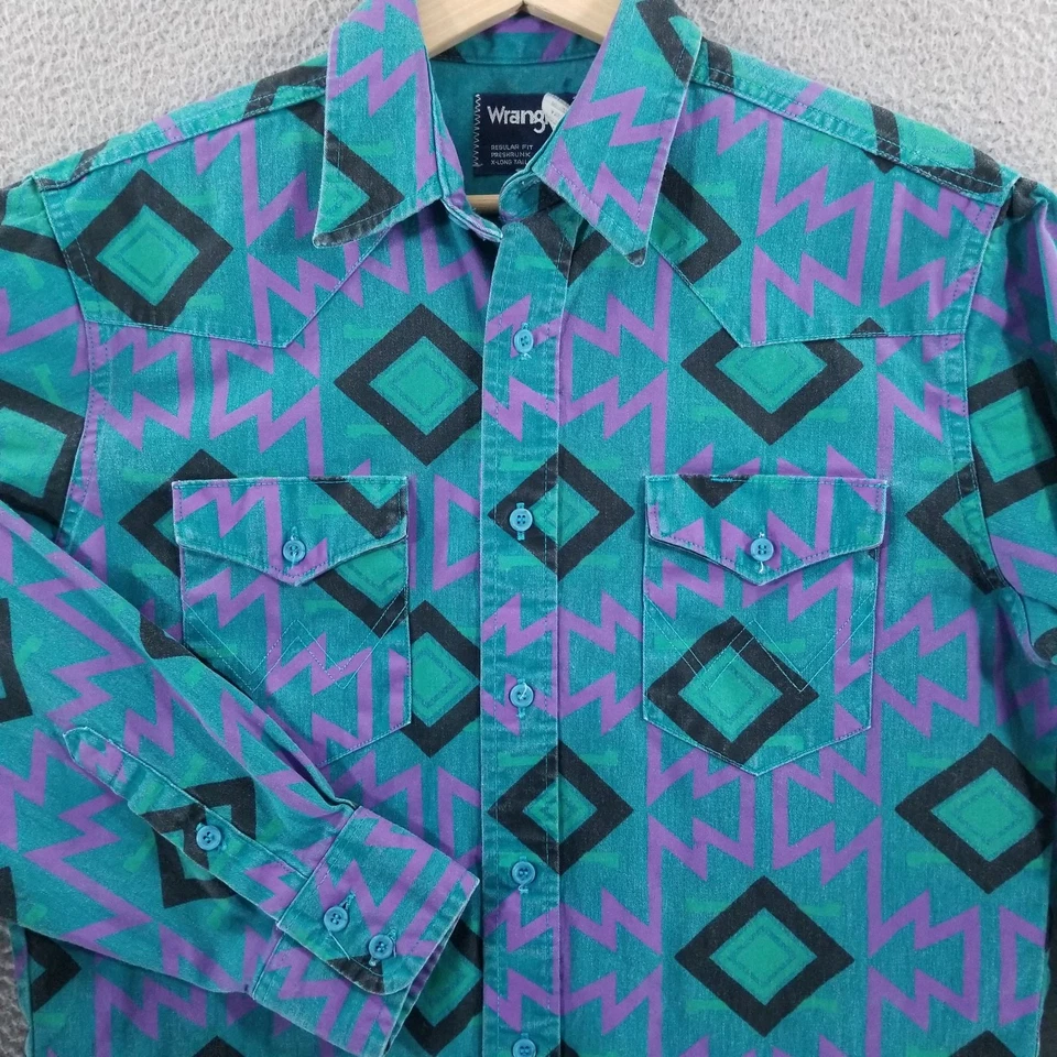 Vtg Wrangler Brushpopper 15.5 Teal Purple Aztec Rodeo Cowboy Western Southwest - Image 1 of 4
