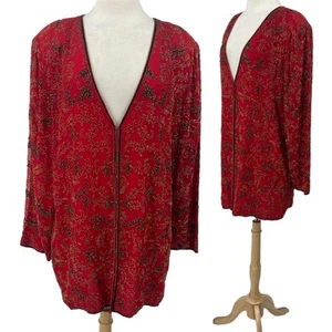 Vintage Scala Pure Silk Beaded Jacket Longline V Neck Red Black Gold NEW size 1X - Picture 1 of 14