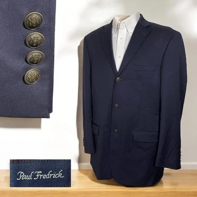 Paul Fredrick Blazer Jacket Mens 42L 44L Navy Blue Wool Brass Metal Buttons - Image 1 of 4