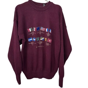 VTG Structure Men’s Sweater M Embroidered Flags Oversized Burgundy 90s Preppy - Picture 1 of 6