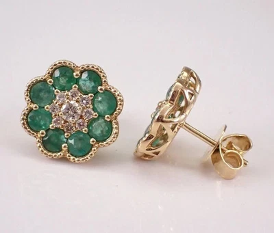 3Ct Round Lab-Created Emerald Women's Flower Stud Earring 14K Yellow Gold Plated - Image 1 of 4