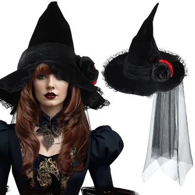 Chapéu bruxa feminino Halloween gótico preto chapéu bruxo com rosa preta vermelha Flo - Imagem 1 de 4