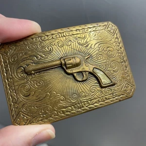 Fibbia cintura ottone vintage sei tiratori pistola stile perla manico western 3" - Foto 1 di 7
