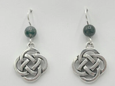 Pendientes colgantes grandes redondos de peltre y plata de ley con nudo celta - musgo ágata Foto 1 de 2
