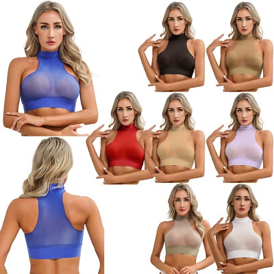 Woman Sleeveless See Through Sheer Mesh Crop Top Oil Glossy Slim Fit Bra AU - image 1 of 3