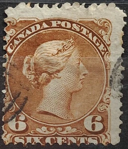Canada 1868-90 QV Large Heads 6c Yellow Brown  Used sg 59b - Picture 1 of 2