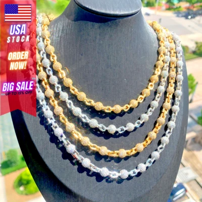 Iced Out 7mm Round Bead Men's Necklace Ball Cubic Zirconia Ball Hip Hop Gift New - Image 1 of 4