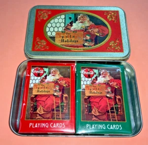 VTG 1998 Coca-Cola Holiday Santa Claus Playing Cards - Set of 2 w/ Tin - AS IS - Picture 1 of 14