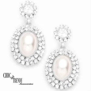 CLEARANCE TRUE WHITE PEARL, CRYSTAL CHANDELIER EARRINGS BRIDAL FORMAL JEWELRY - Picture 1 of 3
