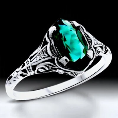 ART DECO STYLE MARQUISE 925 STERLING SILVER SIMULATED EMERALD RING          #788 - Image 1 of 4