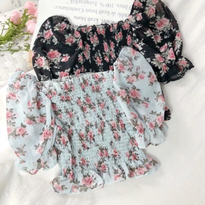 Women Chiffon Floral Blouse Crop Top Ruffle Frill Peplum Pleat Lolita Retro Blue - Image 1 of 4