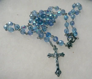 Vintage Rosary Large Iridescent Faceted Glass Blue Beads - Picture 1 of 11
