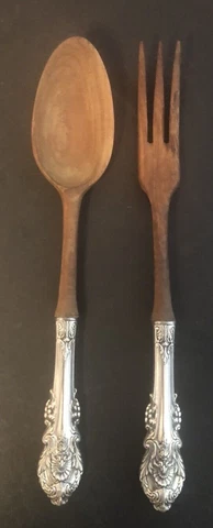 Wallace Sir Christopher Sterling Silver 2 Pc Salad Set Spoon Fork Serving Wooden Cover