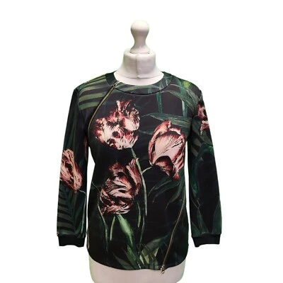 Ted Baker Floral Jumper  Green Zip 3/4 Sleeve UK S 12 EU 36 Women's - Image 1 of 4