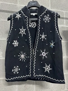 Women’s Large Mercer Street Studio Black Sleeveless Sweater Vest Snowflakes C1 - Picture 1 of 3