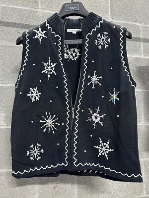 Mercer Street Studio Women’s Large Black Sweater Vest Snowflakes Christmas C1 - Image 1 of 3