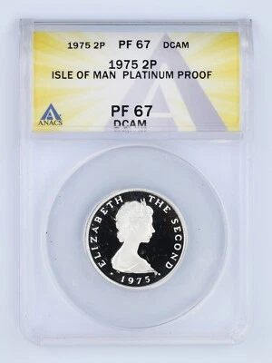 Isla de Man 1975 2 peniques platino prueba graduado PF67DCAM por ANACS SOLO 600 acuñado Foto 1 de 4