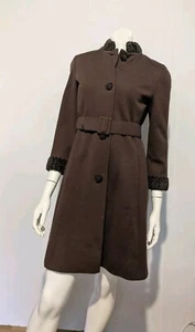 Vintage 60s S Brown Faux Lamb Trim Belted Wool Coat Townley Jeri *Flaws* Pockets - Picture 1 of 11