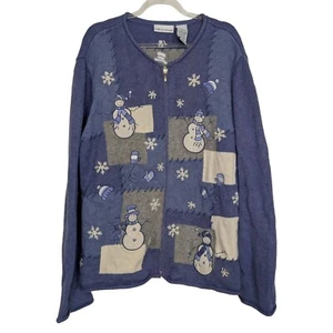 Croft & Barrow Schneemann Strickjacke Damen Gr. XL blau bestickt Full Zip Pullover - Bild 1 von 10