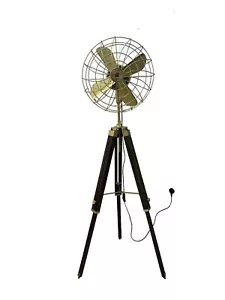 Brass Pedestal Floor Fan | Industrial Wood Tripod | Nautical Home Decor | Retro - Picture 1 of 9