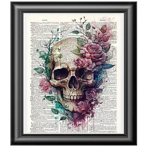 Floral Skull art print, Dictionary book page, Gothic wall decor, Pastel Goth - Picture 1 of 3