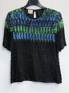 Vtg Stenay Blue Black Silk Beaded Sequin Top Short Sleeve Party Blouse Size M - Picture 1 of 8