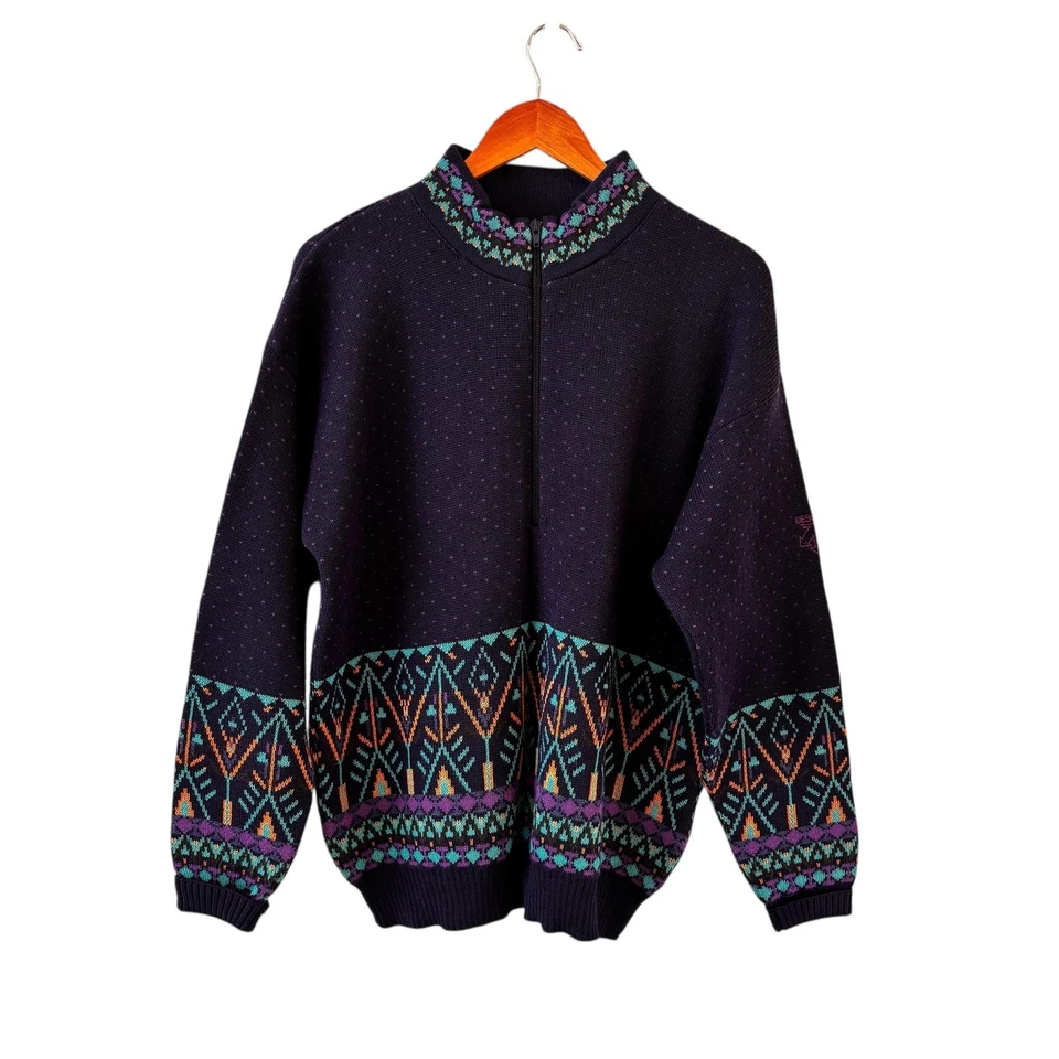 Vintage 90s Descente Nordic Ski Sweater Mens Large Mock Neck Canada Birdseye - Image 1 of 4