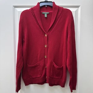 Ralph Lauren Cardigan Sweater Red Gold Buttons Women’s XL Pockets Cotton - Picture 1 of 11
