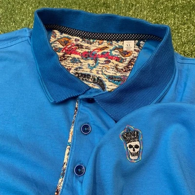 Camisa Polo Robert Graham Lucifer XL Azul Claro Calavera Corona S/S Diseñador Preppy Foto 1 de 4