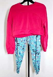 Crew Neck Fleece Crop Top and Sweatpants Casual Set - Pink and Blue - SZ L - Picture 1 of 10