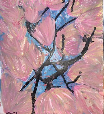 Pintura abstrata de flor de cerejeira mídia mista em papel Moody Virgo Arts original - Imagem 1 de 4