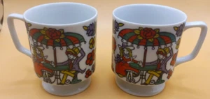1960s Vintage Set 2 Enesco Psychedelic Floral Boy Girl Coffee Tea Mugs - Picture 1 of 10