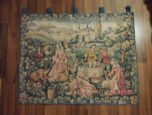 Vintage French Tapestry Antique Medieval Story of Wine Making  decor 46X36inches
