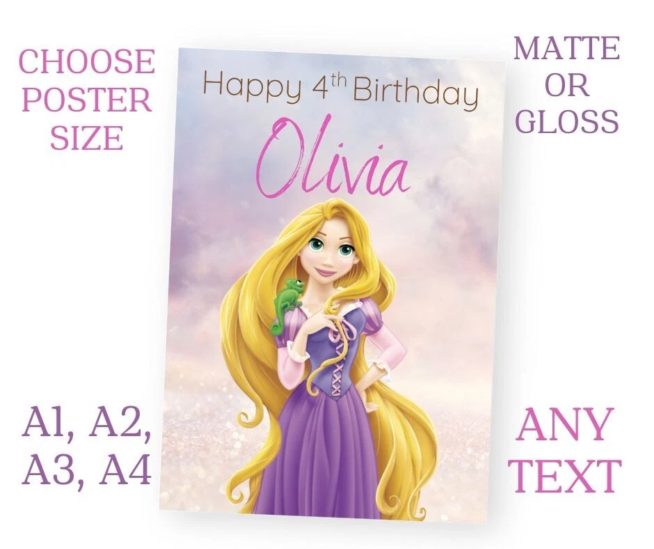 Personalised Disney RAPUNZEL Party Sign POSTER Banner ANY AGE Name A1 A2 A3 A4 - Image 1 of 1
