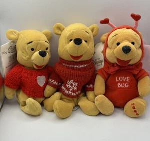 Lot If 3 Winnie the Pooh Bear Heart Red Sweater Snowflake Mini Bean Plush - Picture 1 of 15