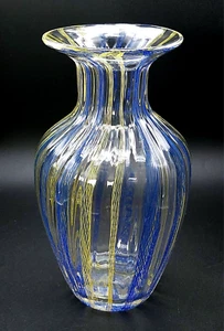 Vintage Hand-Blown 10" Latticinio Yellow & Blue Art Glass Vase Murano in Style - Picture 1 of 13