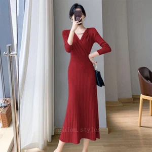 New Women's Fashion Knitted Dress Winter Long Sleeve Elegant Long Sweater Dress - Picture 1 of 17