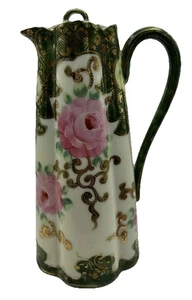 Olla de Chocolate Rosas Verdes Rosa Pintadas a Mano Oro Moriage Borde Marca K Antigua - Imagen 1 de 20